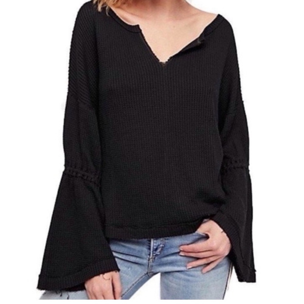 Free People x We The Free Black Waffle Knit Bell Sleeve Relaxed Fit Top
